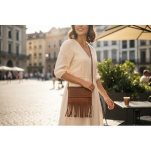 Vintage Brown Leather Fringe Crossbody Bag